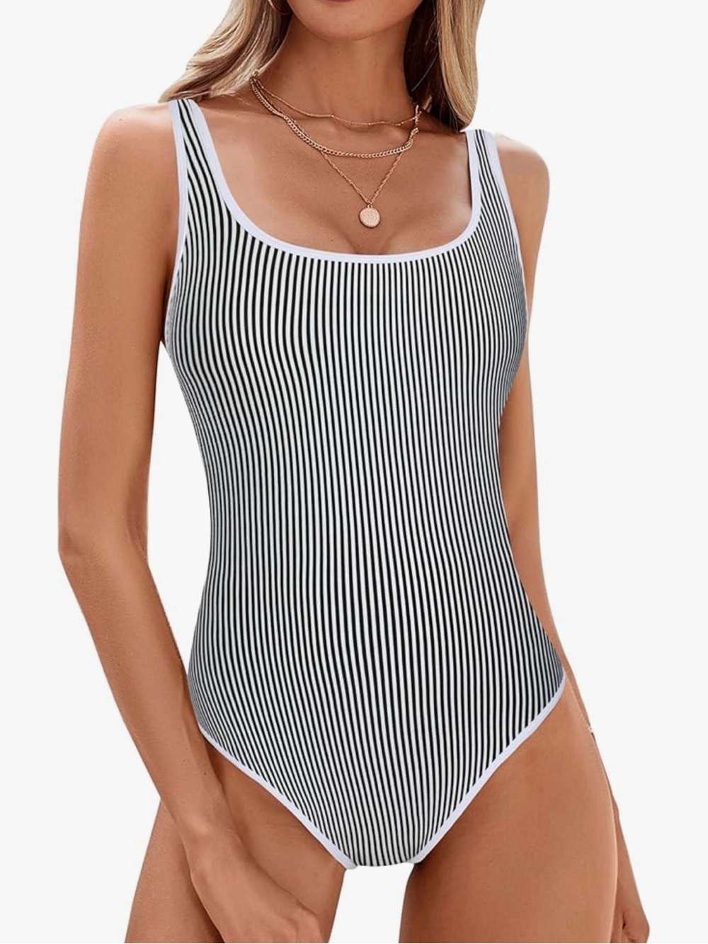 Black & White Vertical Stripe One-Piece Swimsuit